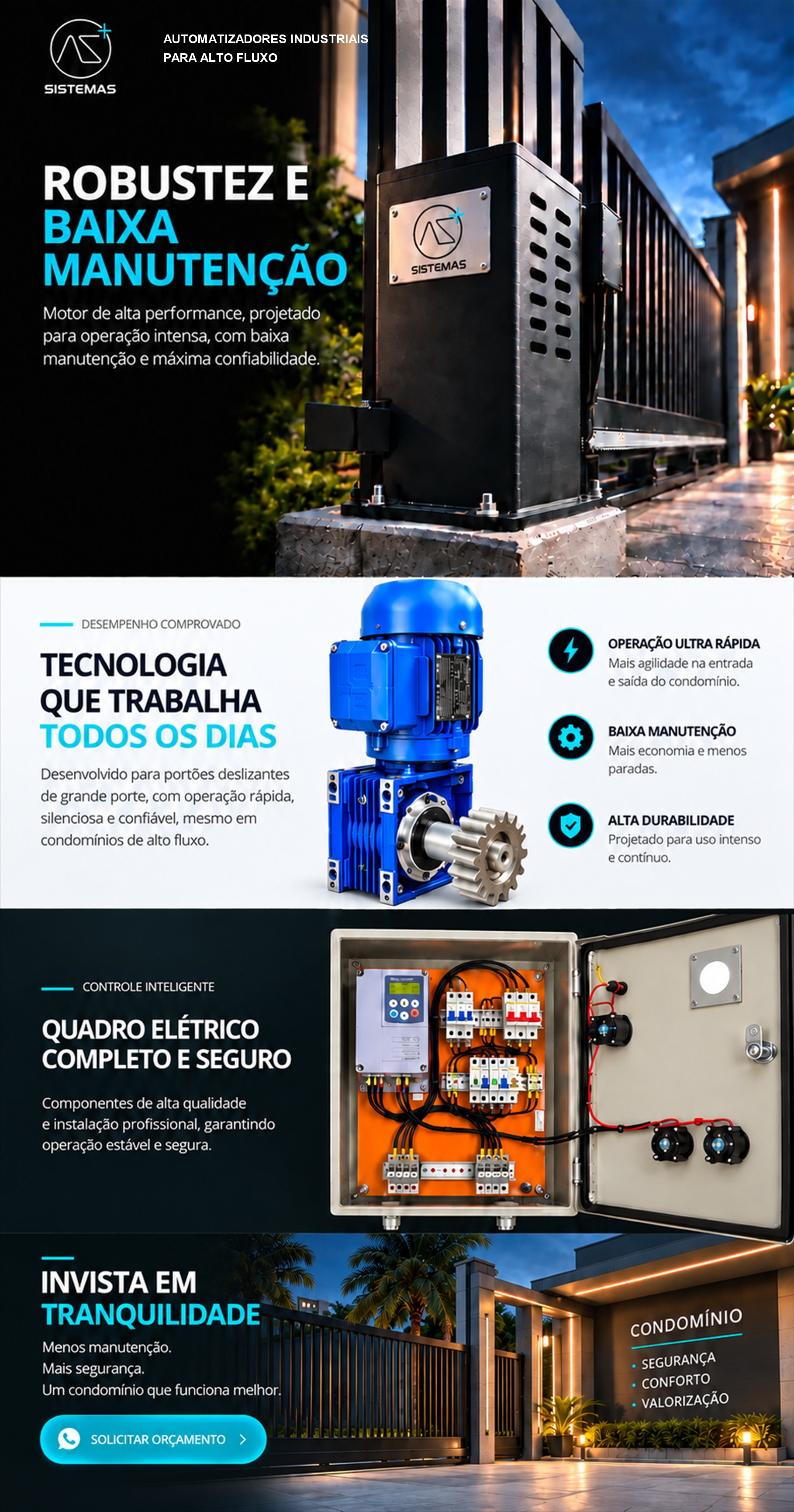 Solução AZ Sistemas para automação de portões de condomínios, com motor de alta performance, quadro elétrico e instalação profissional